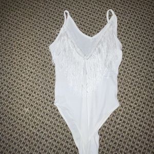 White Shein Fringe Bodysuit